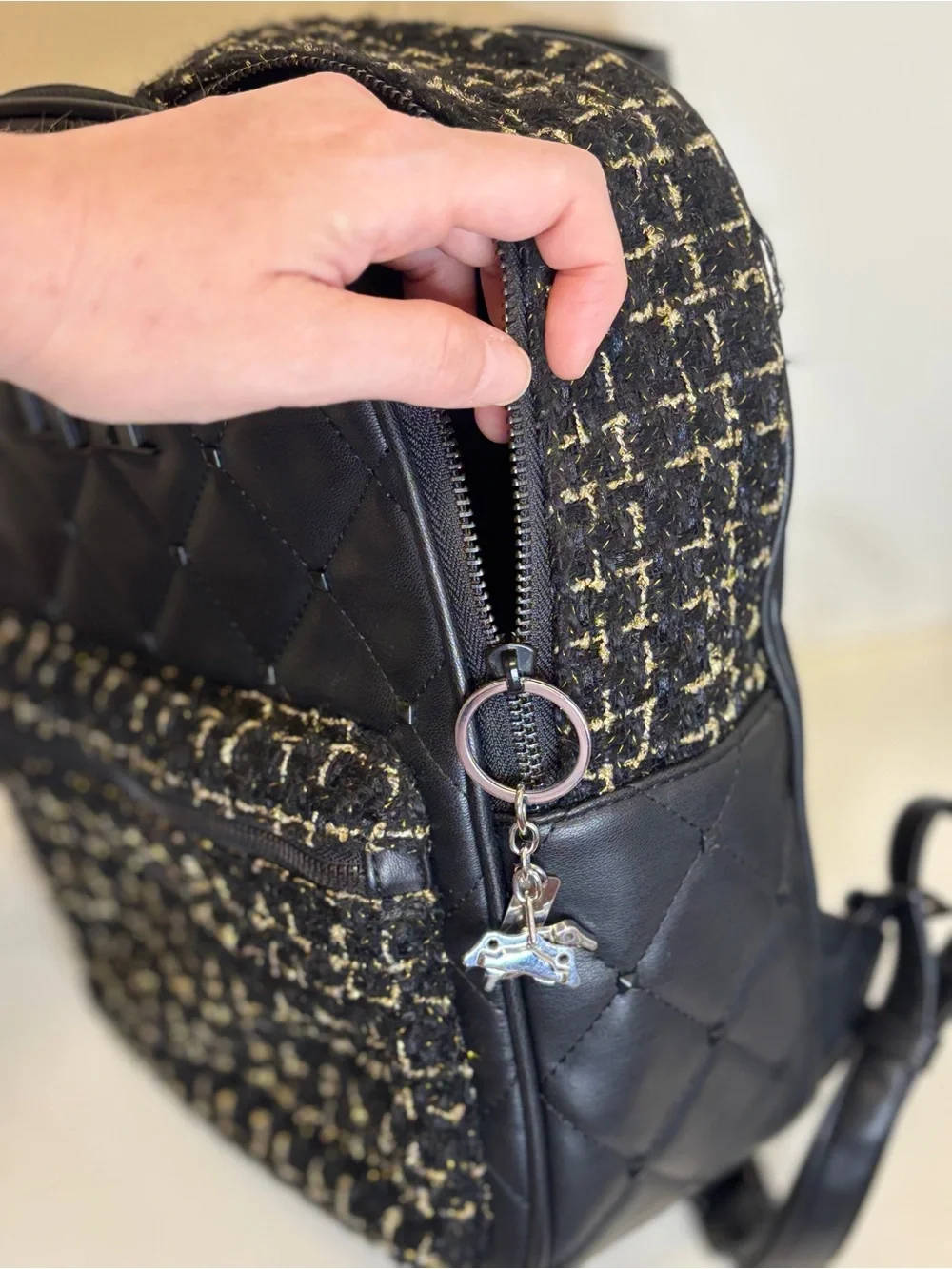 Badgley Mischka Black Quilted Vegan Leather & Tweed Mini Backpack